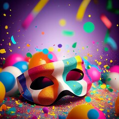 Carnival background with mask, serpentine and confetti. Happy Purim realistic festive party composition. Generative AI