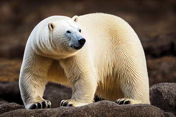 Obraz na płótnie Canvas white polar bear walks on rocks, generative AI