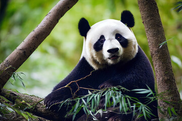 Obraz premium black and white panda on the background of green bamboo leaves, generative AI