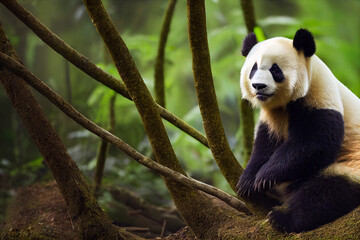 Obraz premium black and white panda on the background of green bamboo leaves, generative AI