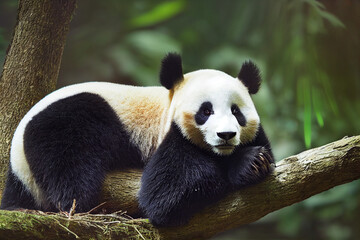 Fototapeta premium black and white panda on the background of green bamboo leaves, generative AI