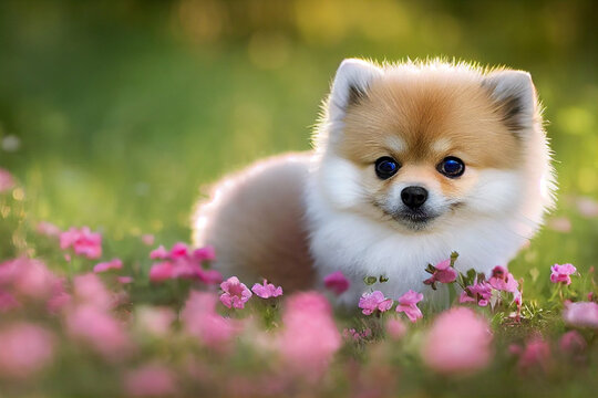 cute small baby pomeranian puppy is lying on colorful meadow with flowers, generatiwe AI