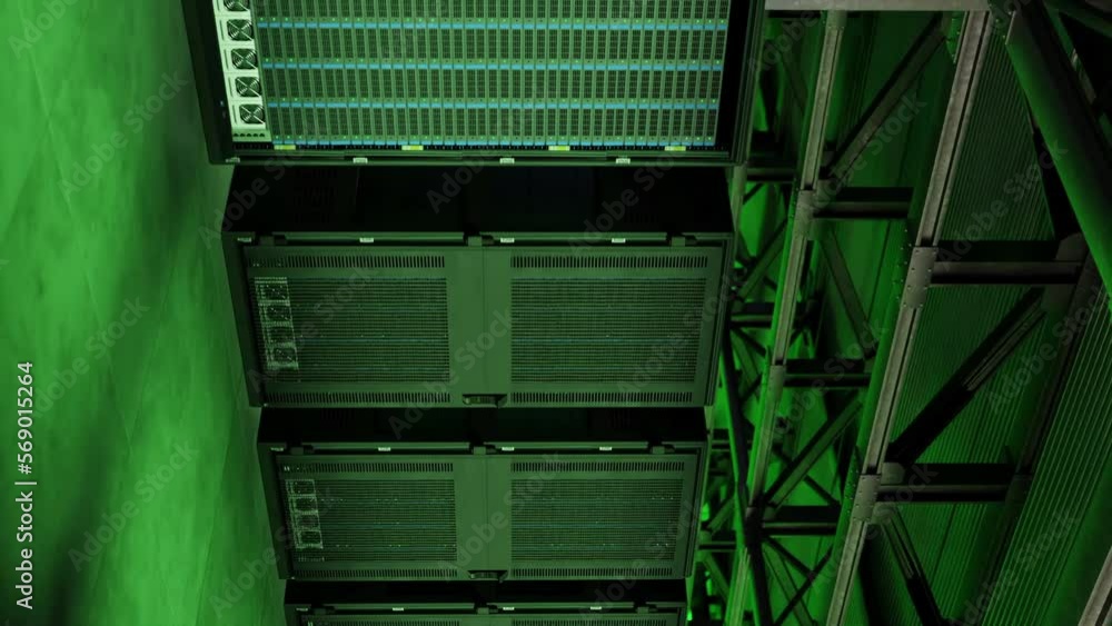 Poster datacenter with server racks, internet and network telecommunication technology, big data storage, v