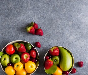 fresh fruits and berries on a dark background. top view. free space for your text.