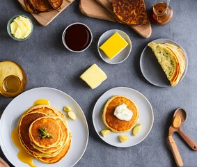 pancakes with honey and tea on a white plate. top view.