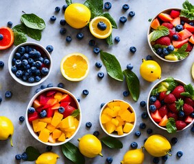 fresh fruits and berries on a dark background. top view. free space for your text.