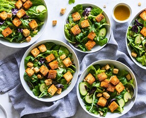 salad with cruton, fresh vegetables and feta cheese on white plate on a light background. top view.