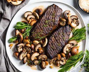 grilled beef steak with vegetables and spices on a plate on a white background. top view.