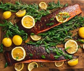 salmon fillet with lemon and rosemary. top view.