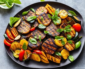 grilled vegetables with herbs and spices on a white plate. top view.