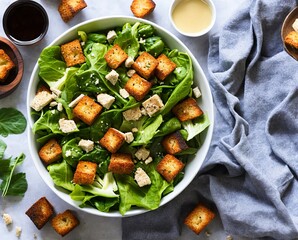 salad with cruton, fresh vegetables and feta cheese on white plate on a light background. top view.