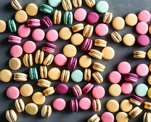 different colored macarons with a white and yellow macaroon with mint in the background. top view.