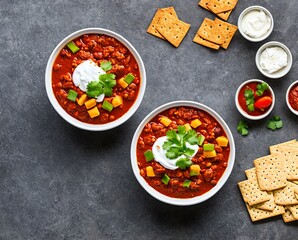 bowl with delicious chicken and chili con carne. on dark rustic wooden background.
