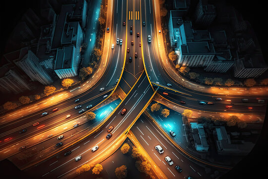 Expressway Top View, Road Traffic An Important Infrastructure, Car Traffic Transportation Above Intersection Road In City Night, Aerial View Cityscape Of Advanced Innovation, Financial Technology, 