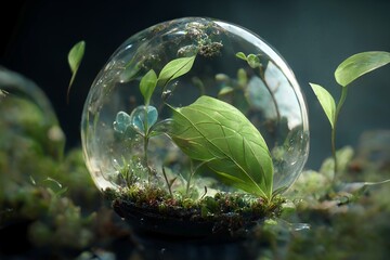 Glass bowl with plants inside.Concept of green energy saving, renewable and recycling. Generative AI. - obrazy, fototapety, plakaty