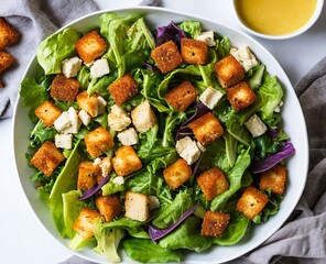 salad with cruton, fresh vegetables and feta cheese on white plate on a light background. top view.