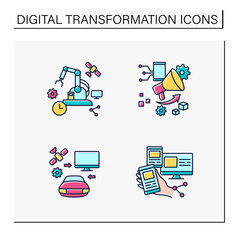 Digital transformation color icons set. Industrialization, modern office, manufacturing. Industry 2.0. Future concept.Digital transformation concept.Isolated vector illustration