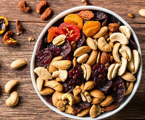 mix of nuts and dried fruits on wooden background