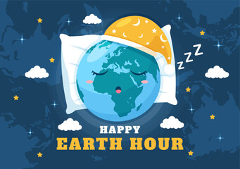 Happy Earth Hour Day Illustration with Lightbulb, World Map and Time to Turn Off in Flat Sleep Cartoon Hand Drawn Landing Page Templates