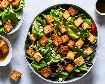 salad with cruton, fresh vegetables and feta cheese on white plate on a light background. top view.