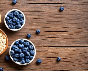 healthy breakfast concept. delicious blueberries and oatmeal with fresh berries and nuts on blue wooden background