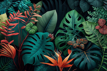 A lush tropical leaves background. Vibrant display of exotic foliage. Brilliant greens and rich hues. Generative AI