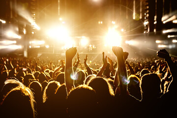 The crowd in a fan zone in a concert hall. Raised hands during a music show.