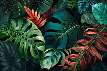 A lush tropical leaves background. Brilliant greens and rich hues. Generative AI