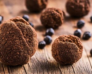 tasty black truffles on wood background, close up view.