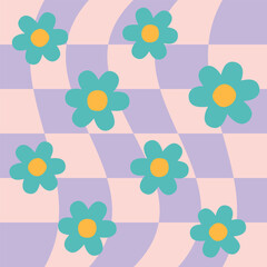 Vector seamless pattern of groovy retro checkered texture with flowers isolated on lilac background
