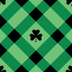 Vector seamless pattern of checkered texture with shamrock trefoil isolated on green background