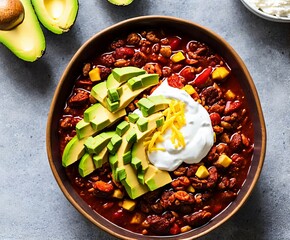 bowl with delicious chicken and chili con carne. on dark rustic wooden background.