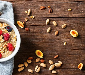 healthy breakfast concept. delicious blueberries and oatmeal with fresh berries and nuts on blue wooden background