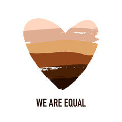 International Day for the Elimination of Racial Discrimination. Inscription - We are all equal. Heart in different colors of human skin. Vector illustration