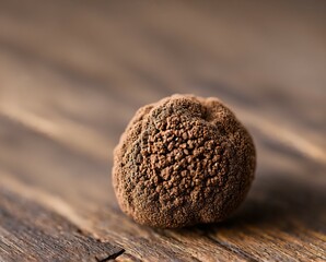 tasty black truffles on wood background, close up view.