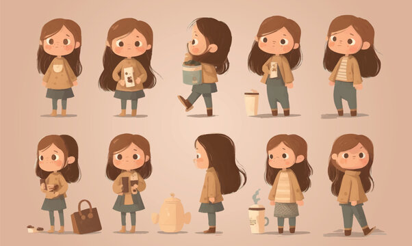 cute little girl character, multiple positions, flat vector minimalist design