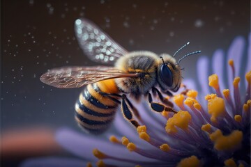 bee in a beehive on honeycomb eating honey from flowers, generative by AI