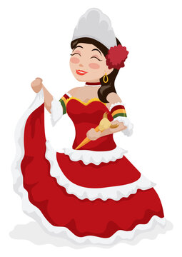 Pretty Barranquilla's Carnival Queen with crown, scepter and traditional dress, Vector illustration