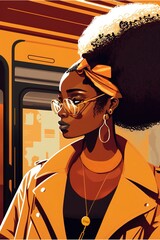 Beautiful young afro woman in the underground. Black history month. Generative AI Vertical illustration