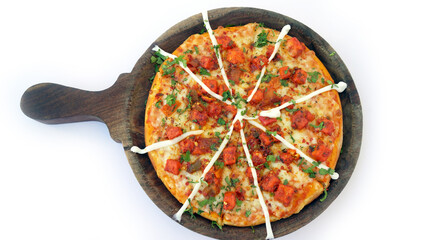 Delicious pizza served on wooden plate isolated on white
