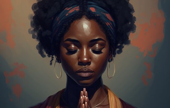 Black woman praying, meditating portrait. Dark background. Generative AI illustration