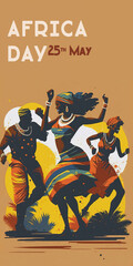 Three African people dancing and having fun with traditional African clothes. Africa Day concept. Generative AI Vertical illustration