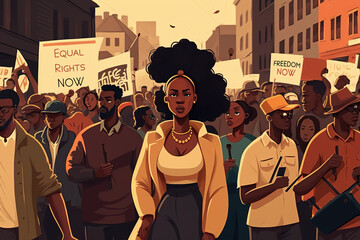 Social protest of African-American people on the street. Black history month, Generative AI illustration