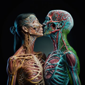 anatomy couple contemporary dance, shake bones, skull, muscles, veins, love, medicine, artistic, human body, GENERATIVE AI