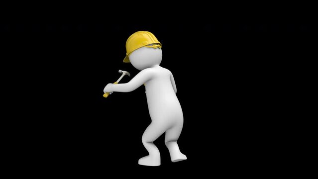 Builder stickman dance with drill and hammer - 3d render looped with alpha channel.