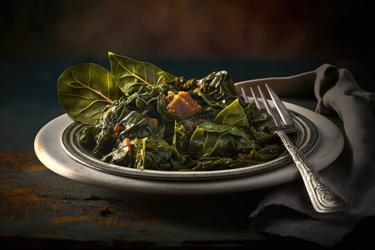 Gourmet Photography Of Traditional African Food Of Collard Greens Soul Food. Generative AI Illustration