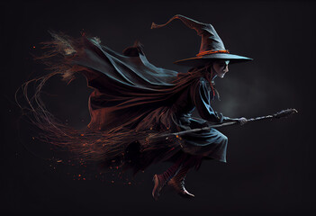 halloween witch flying on broom, full moon, generative ai