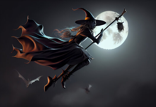 halloween witch flying on broom, full moon, generative ai