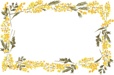 水彩画。ミモザの装飾ベクターイラストフレーム。水彩タッチのミモザ装飾枠。