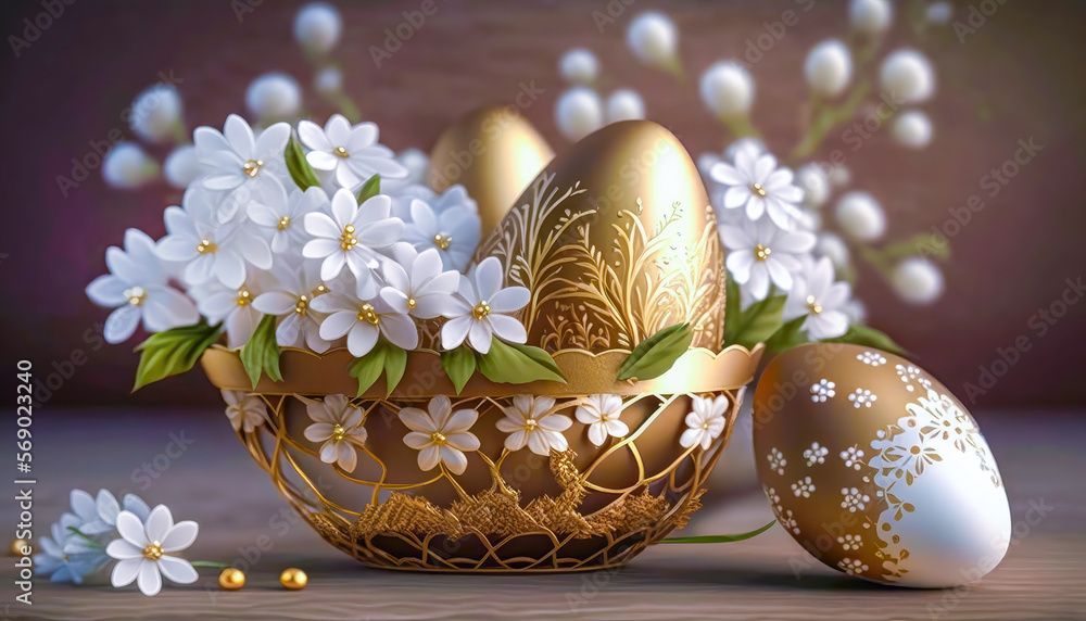 Wall mural Happy easter, Golden easter eggs and white flowers in a golden basket on wooden table. Ai generate image